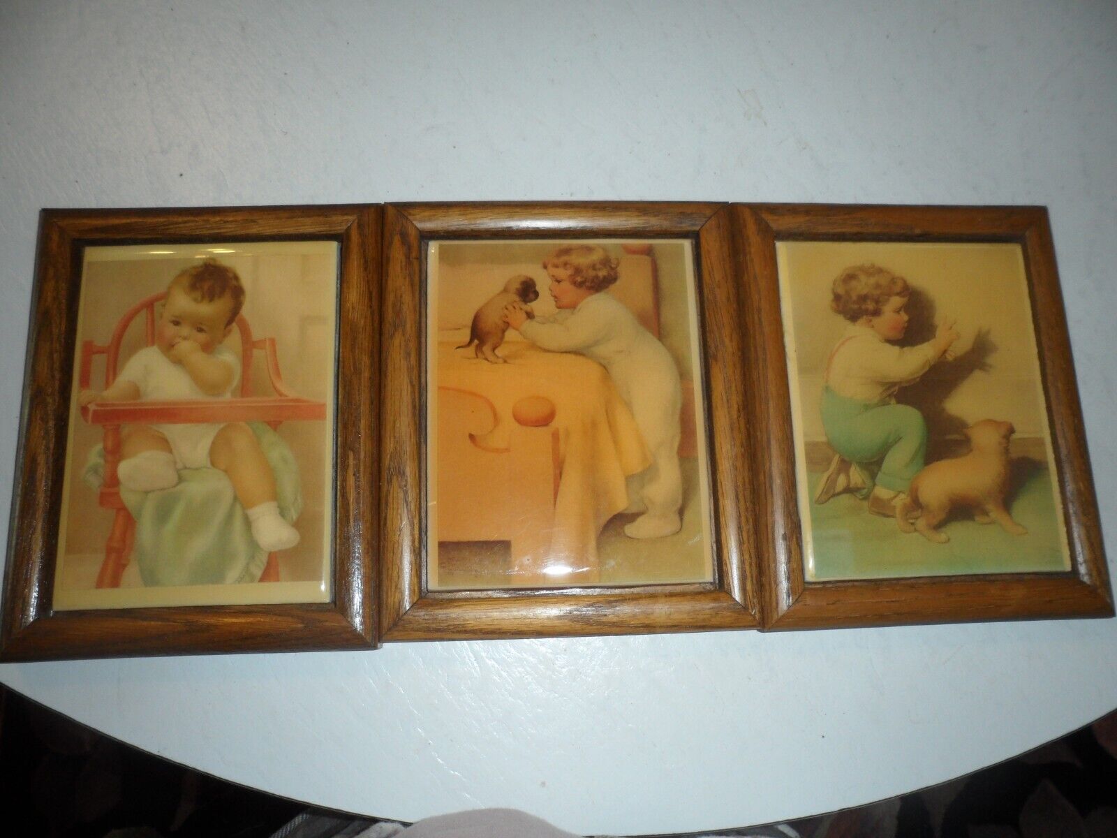 3 Piece Vtg  FRAMED TILE ART BY BESSIE PEASE GUTMANN Babies and Puppies