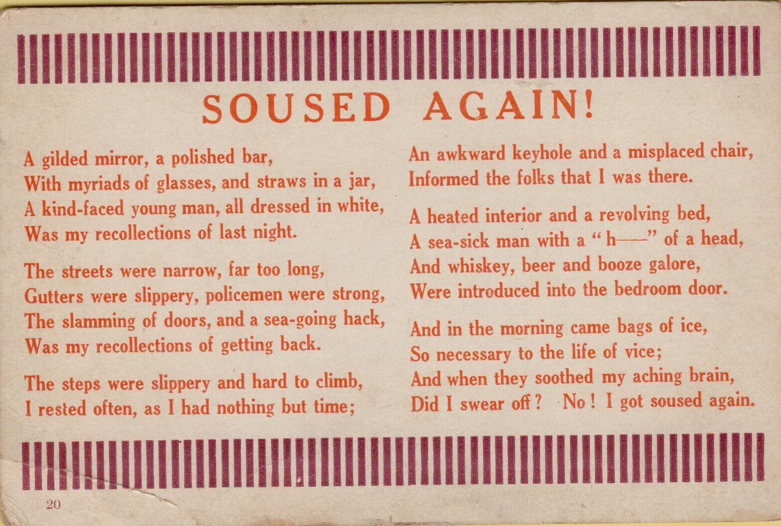 Quotes and Sayings-SOUSED AGAIN Humorous Poem c1920 Unposted