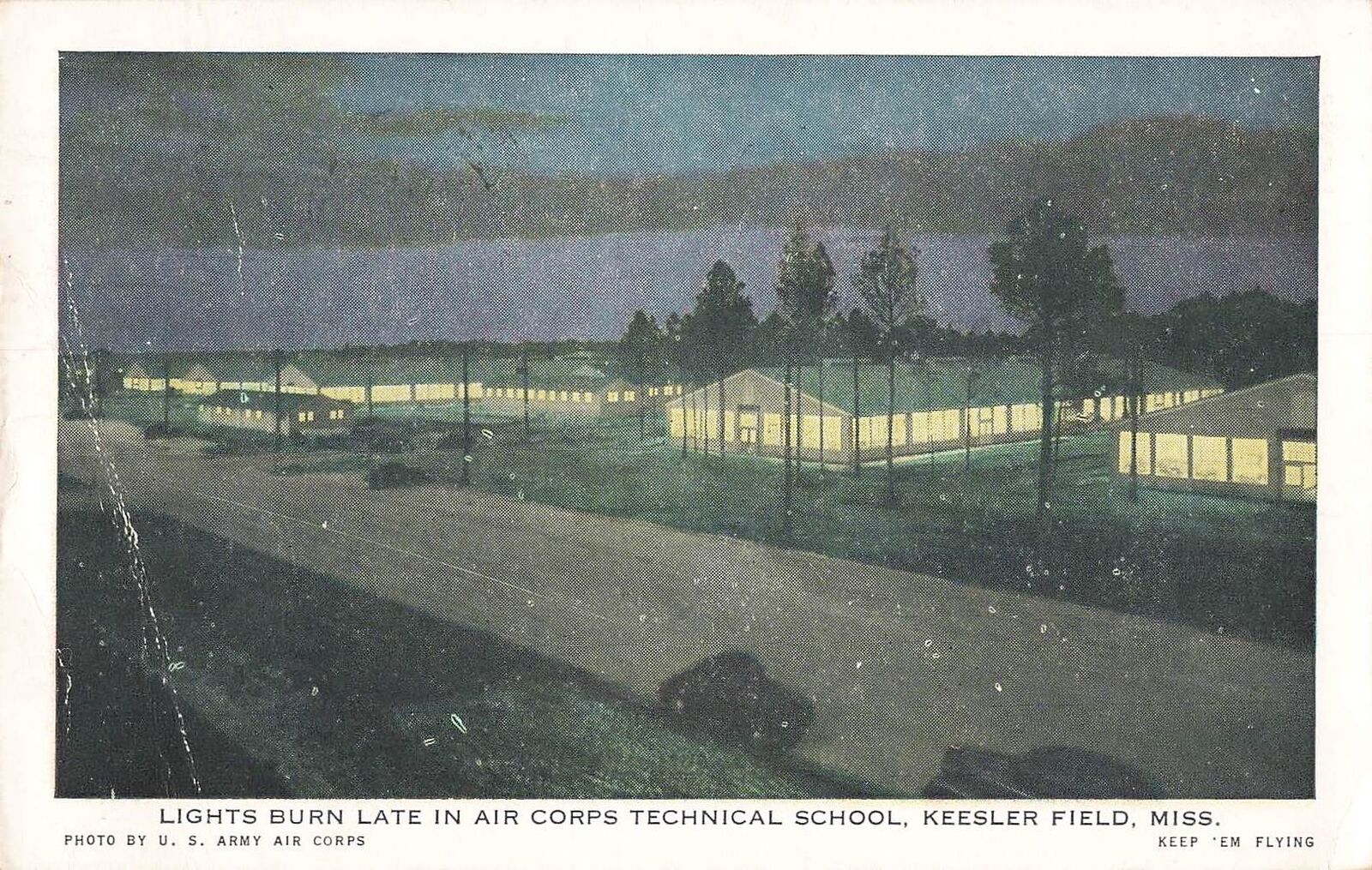 Vintage Postcard Lights Burn Late, Air Corp Tech School, Keesler Field, Miss WW2