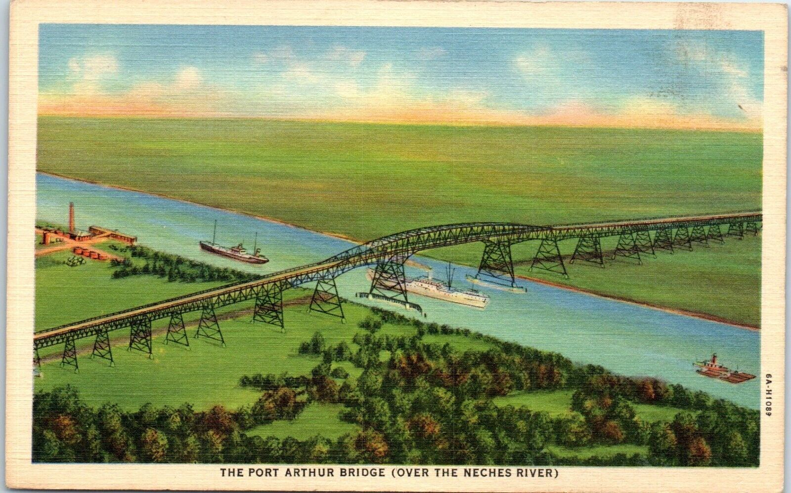c1940s Linen Postcard Port Arthur Bridge TX Texas Neches River Highway 87