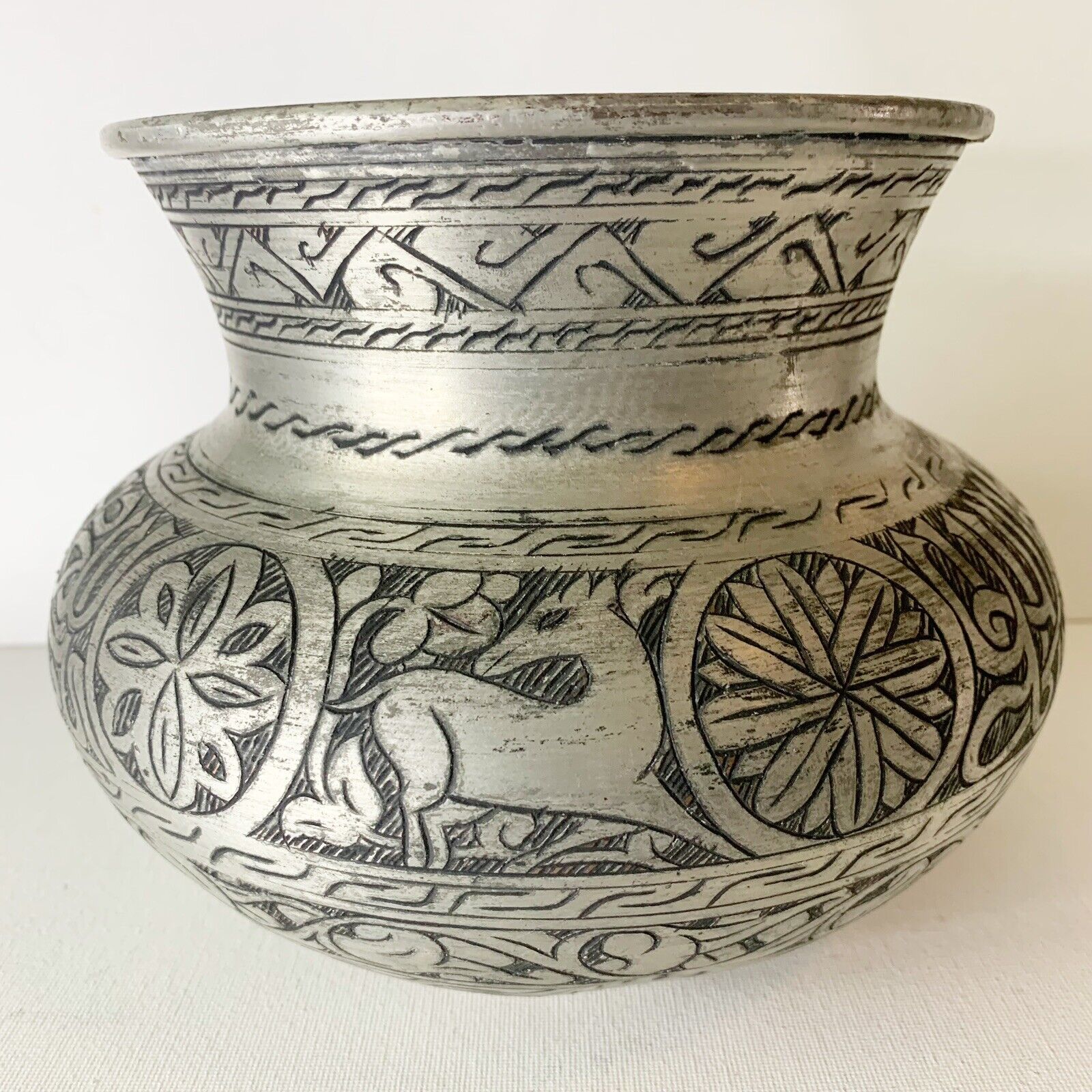 Antique Persian Mughal Pot Silver Tinted Copper Carved Handmade Deer Islamic