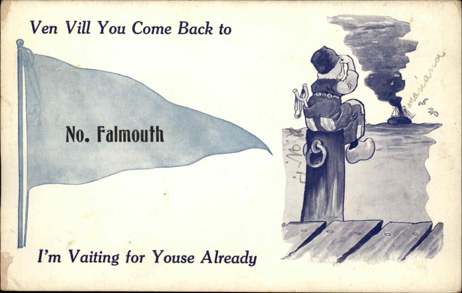 North Falmouth Massachusetts MA Cape Cod Dutch Boy Pennant c1910 PC