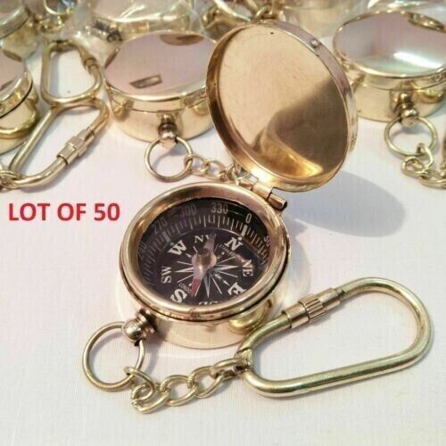 Set of 50 Unit Brass Pocket Compass With Key Chain Collectable Marine Compass