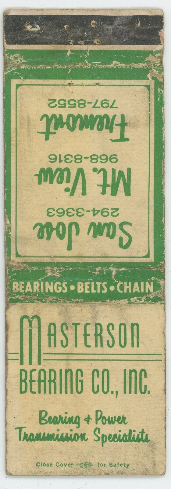 Masterson Bearing Co. San Jose, CA Mt.View Fremont Antq Matchbook Cover D-6