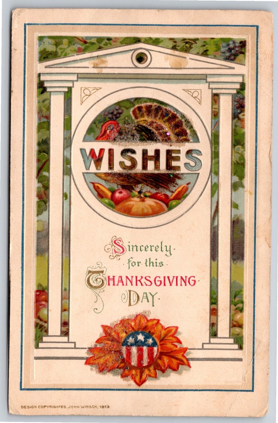 John Winsch~Thanksgiving Turkey on Door Frame~Patriotic Seal~Vintage Postcard