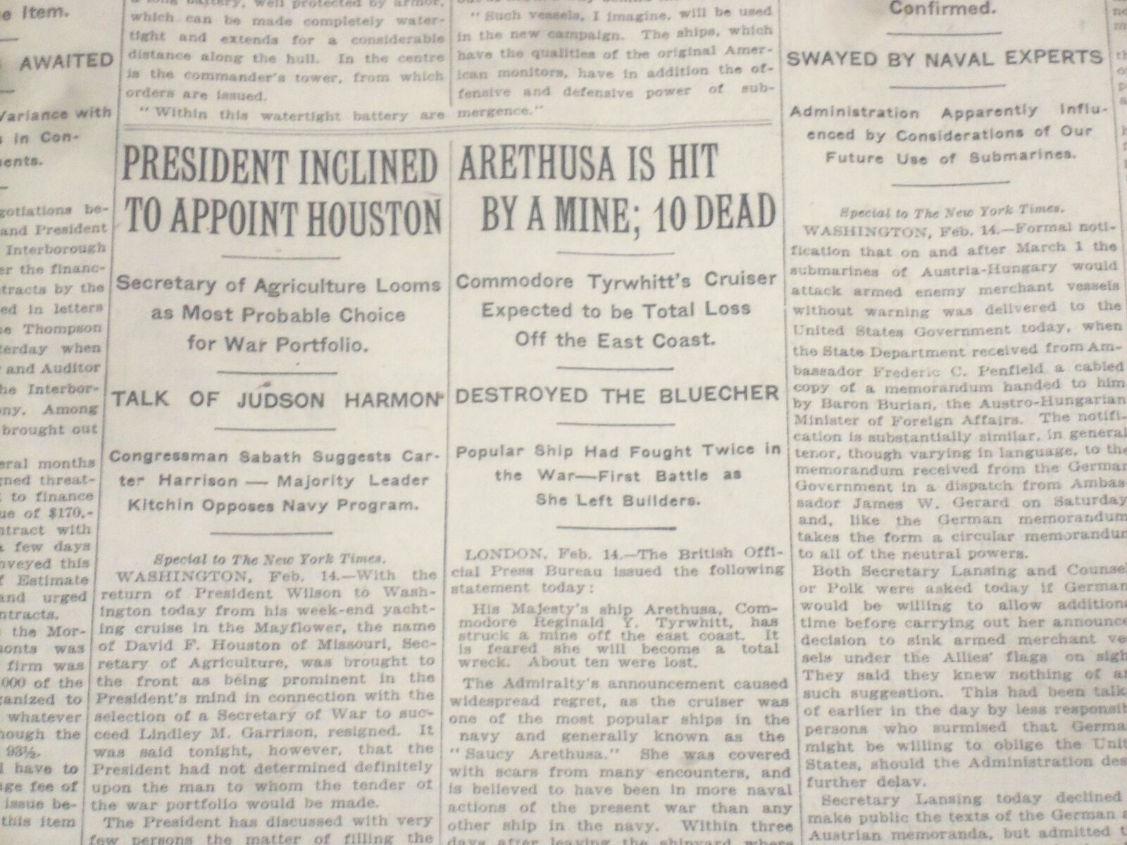 1916 FEBRUARY 15 NEW YORK TIMES - ARETHUSA IS HIT BY MINE, 10 DEAD - NT 9036