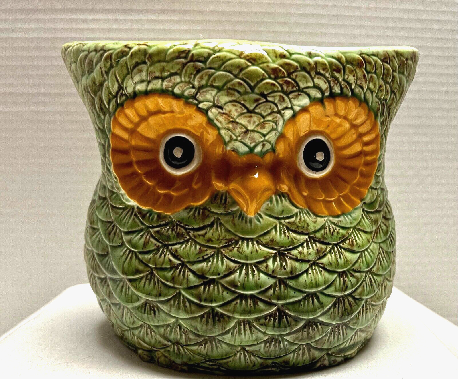 1970s Vintage Green Ceramic Owl Planter, Utensil Jar, Orange Eyes~Holland Mold