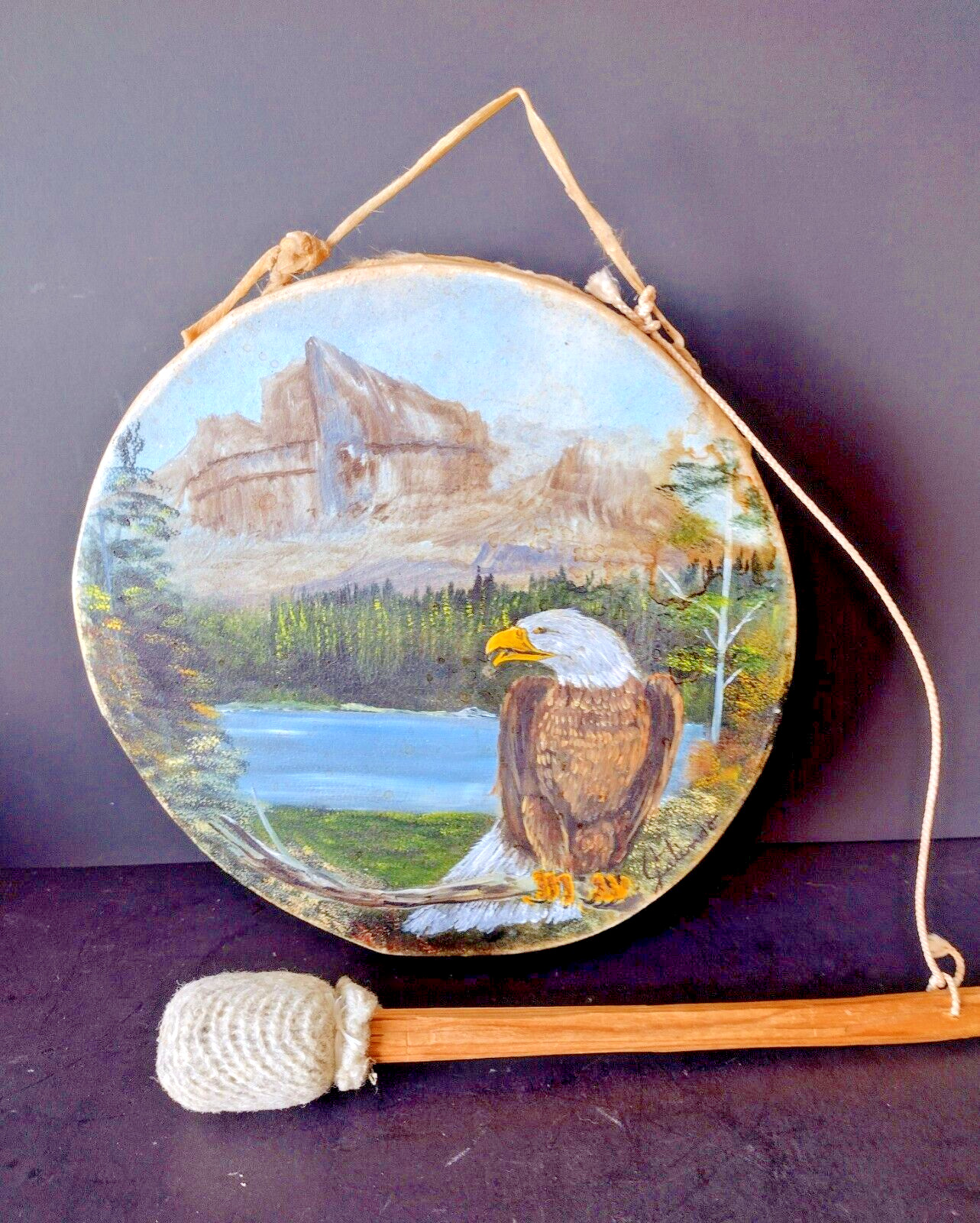 Vintage Hand Painted Southwestern Drum Eagle Mountain Scenery Native American 