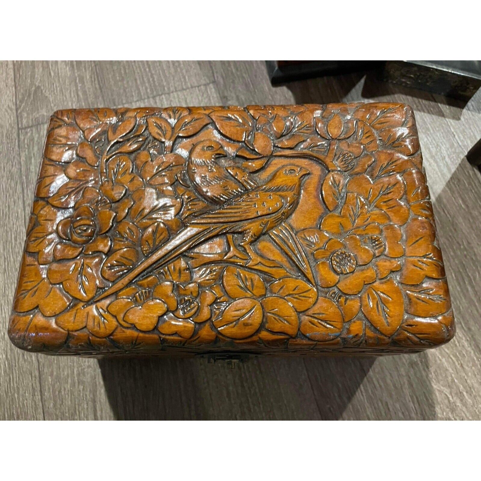 Wooden Box Hand Carved Birds Flowers Wood Treasure Chest 8.5x5.5 in Hinged Boho
