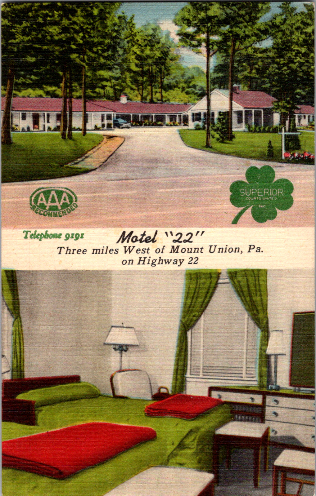 1930\'s Motel 22 on Highway 22 Mount Union Pennsylvania PA Postcard Huntingdon