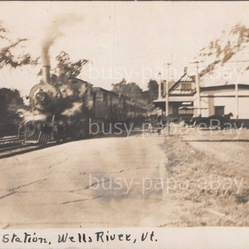 1900s RPPC Boston & Maine Railroad Station Train Locomotive Wells River Postcard