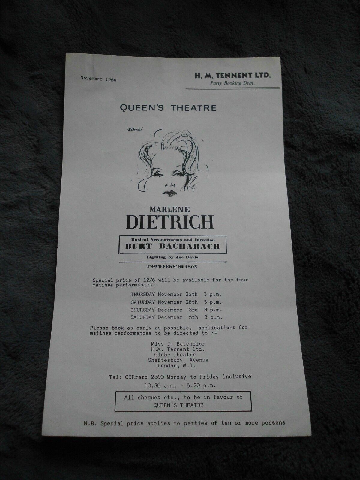 1964 QUEEN\'S THEATRE LONDON MARLENE DIETRICH ~ BURT BACHARACH FLYER POSTER