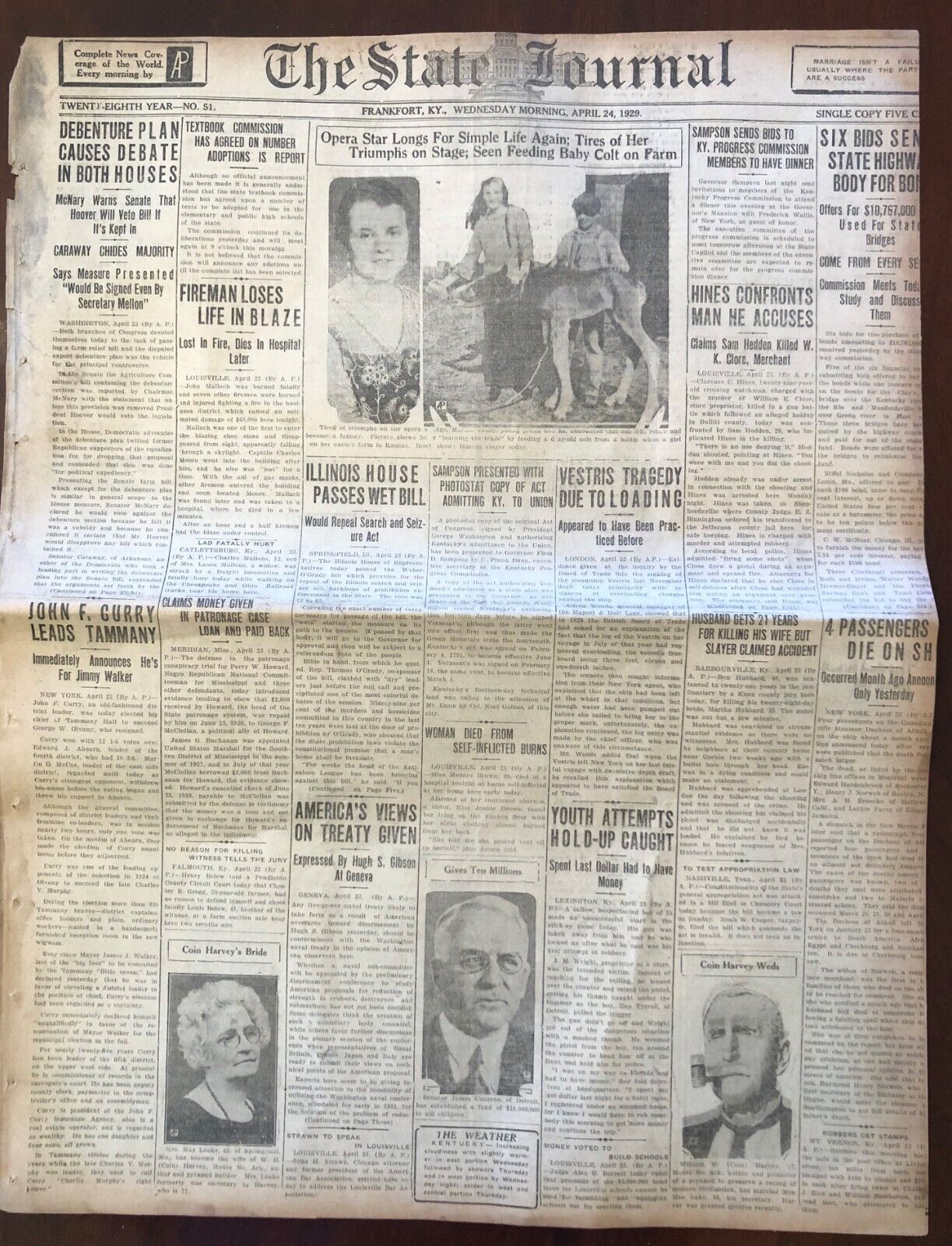April 24, 1929 Frankfort KY Newspaper The State Journal Illinois Passes Wet Bill