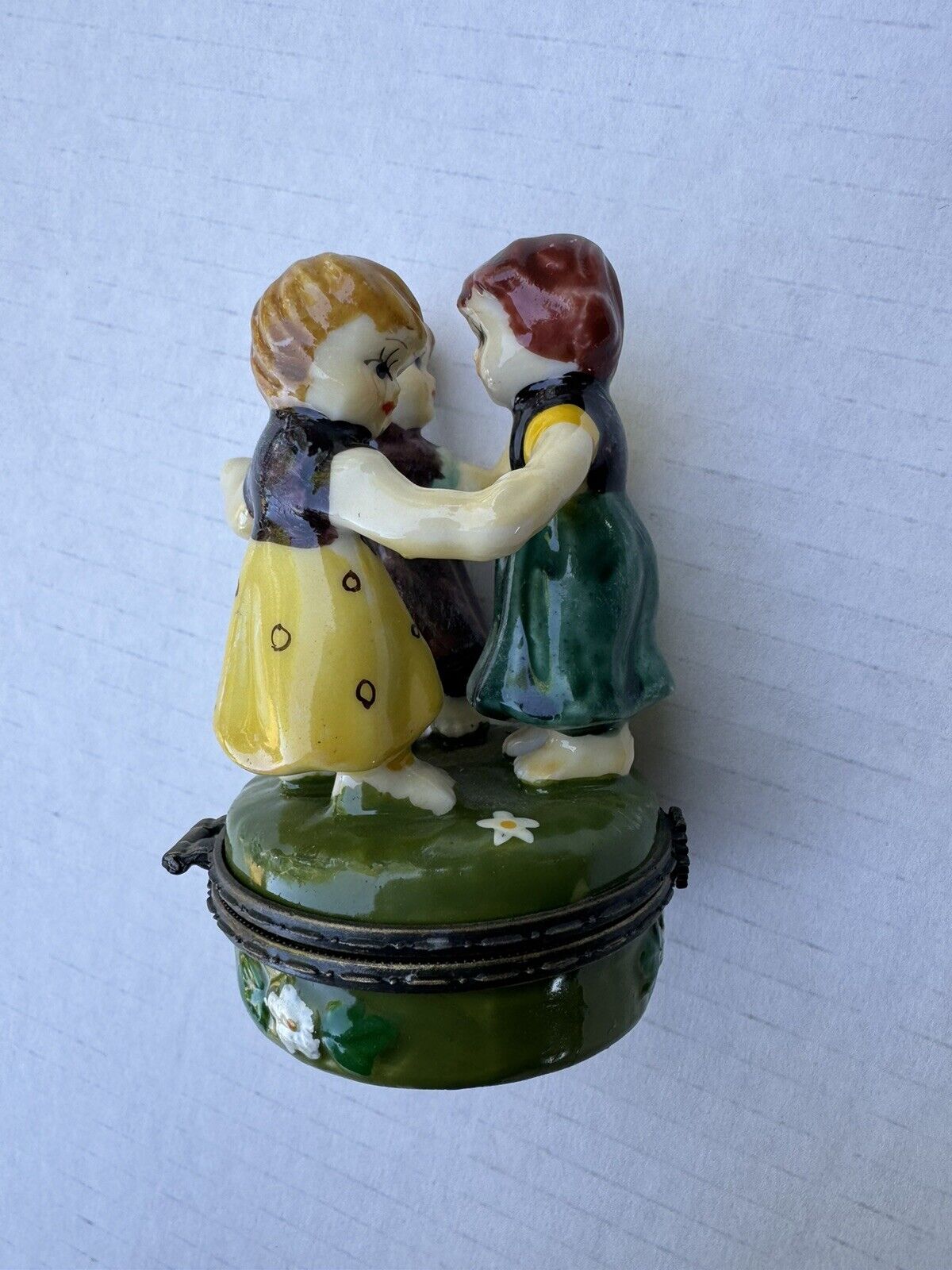 Trinket Box 3 Sisters / Friends Vintage Hand Painted Hinged Pill or Trinket Box