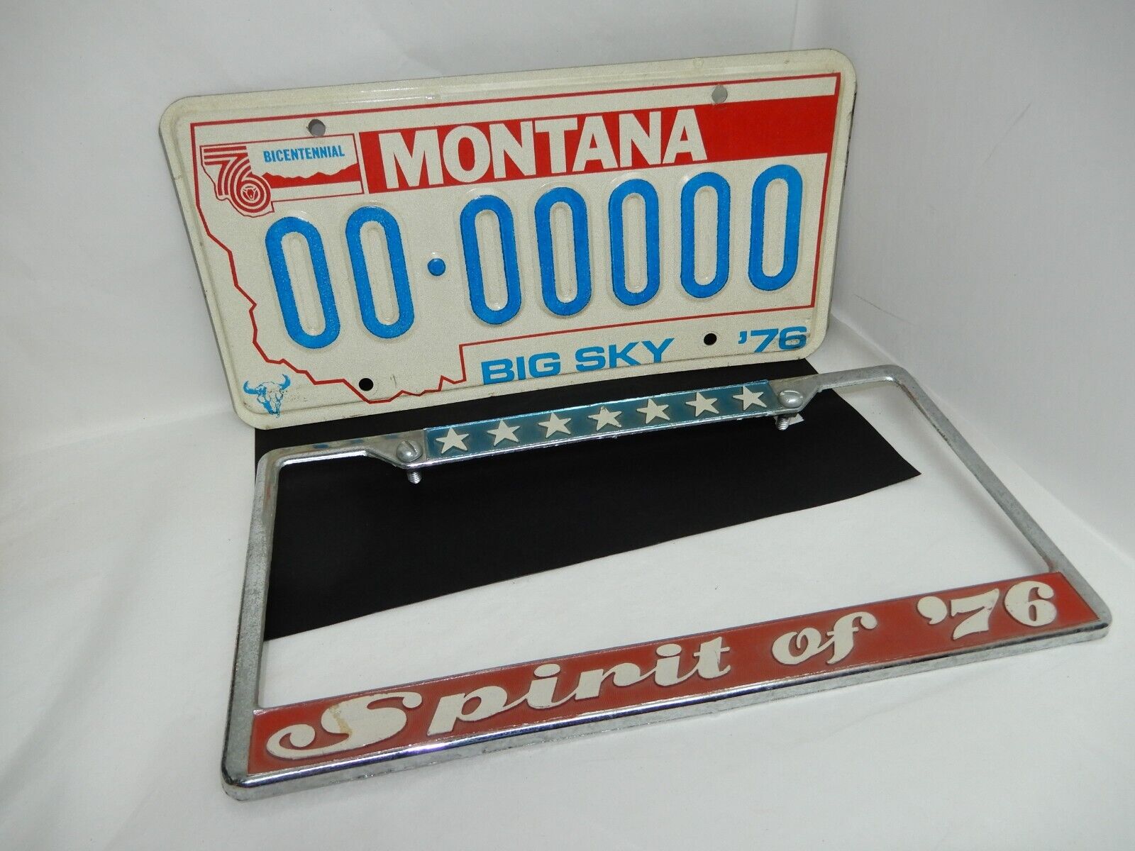 Vintage MONTANA 1976 SAMPLE License Plate # 00-00000 BICENTENNIAL with VTG Frame