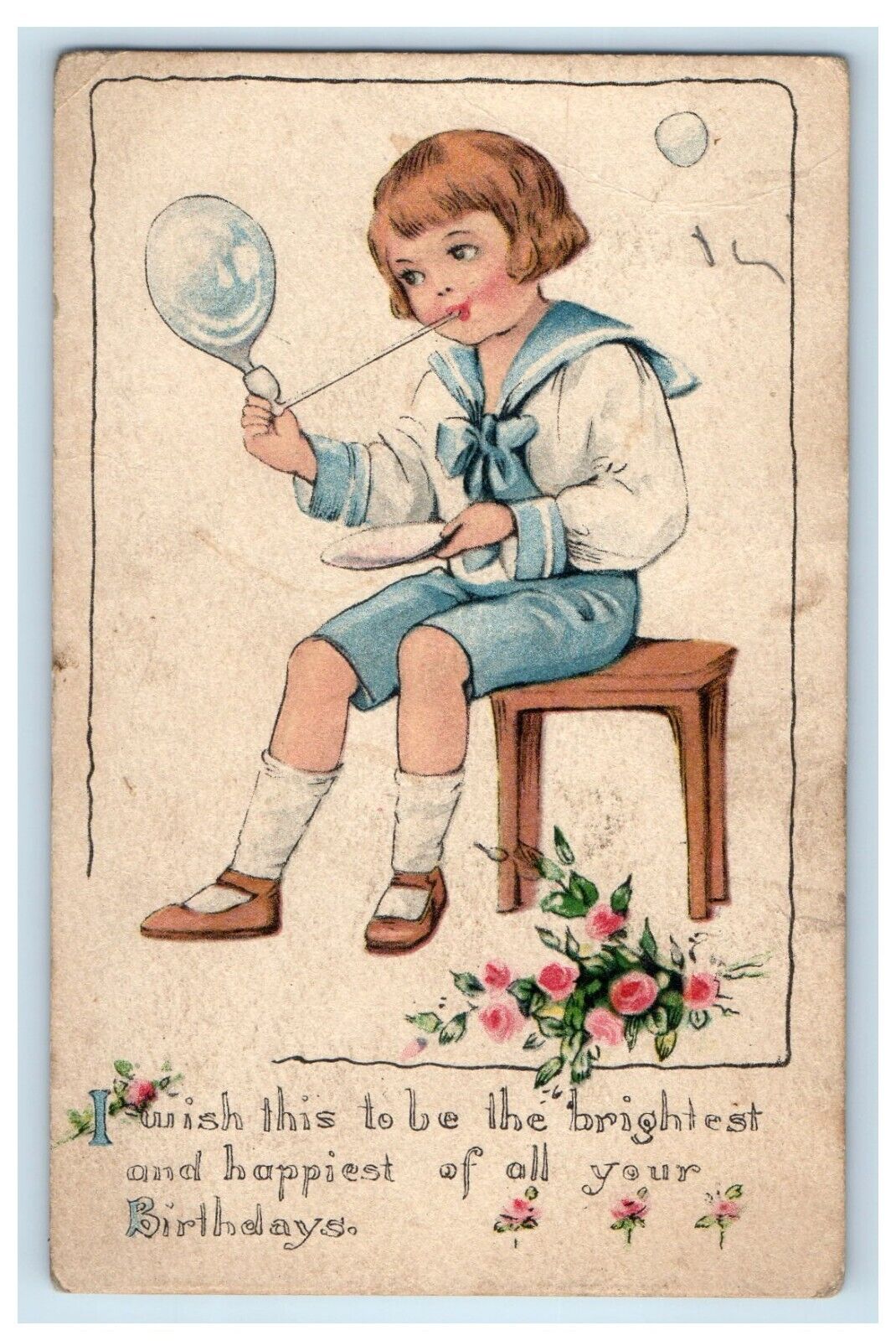 c1910\'s Birthday Greetings Little Boy Child Blowing Bubbles Antique Postcard