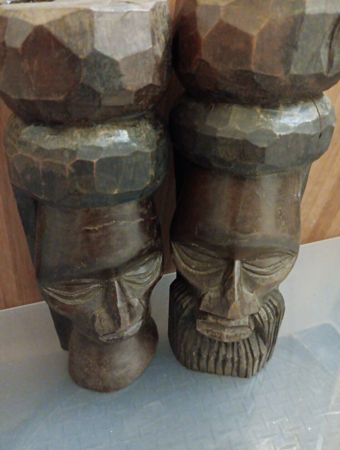 Vintage Jamaica Wooden Carved Bust Figurine Pair Female And Bearded Male 9\
