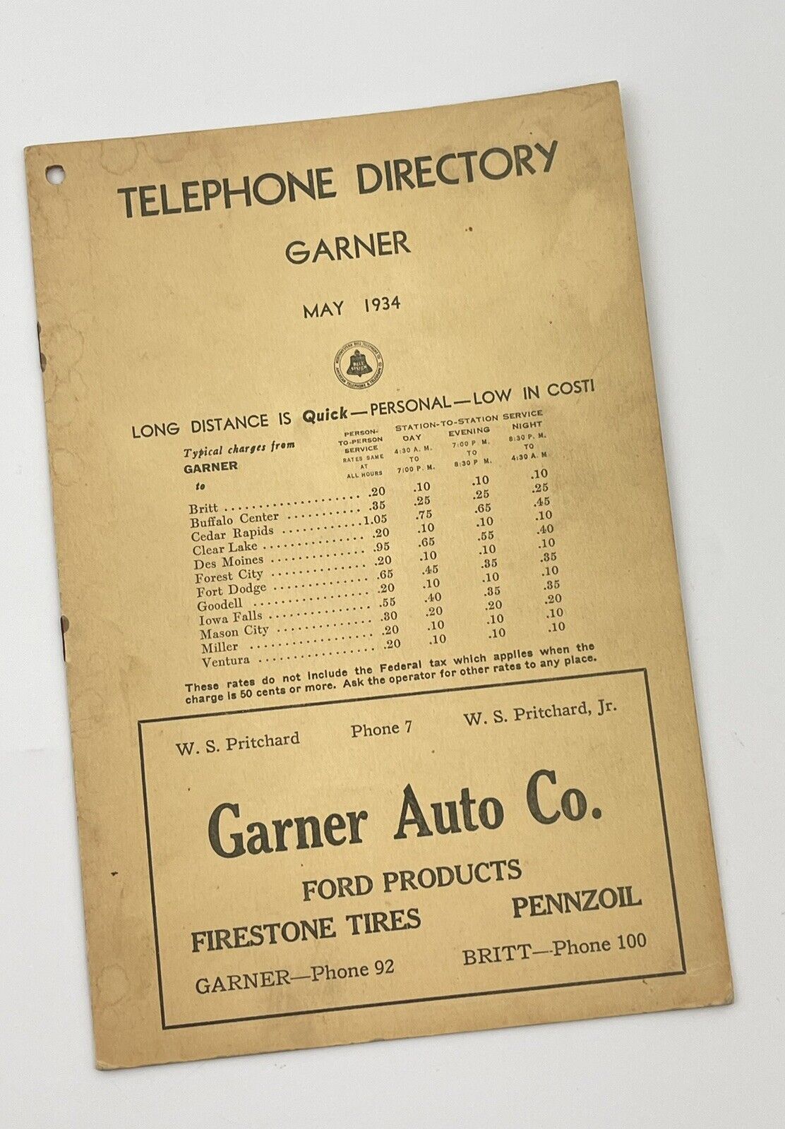 Garner Iowa 1943 Telephone Directory Book Ford Car Dealer Advertising Hancock