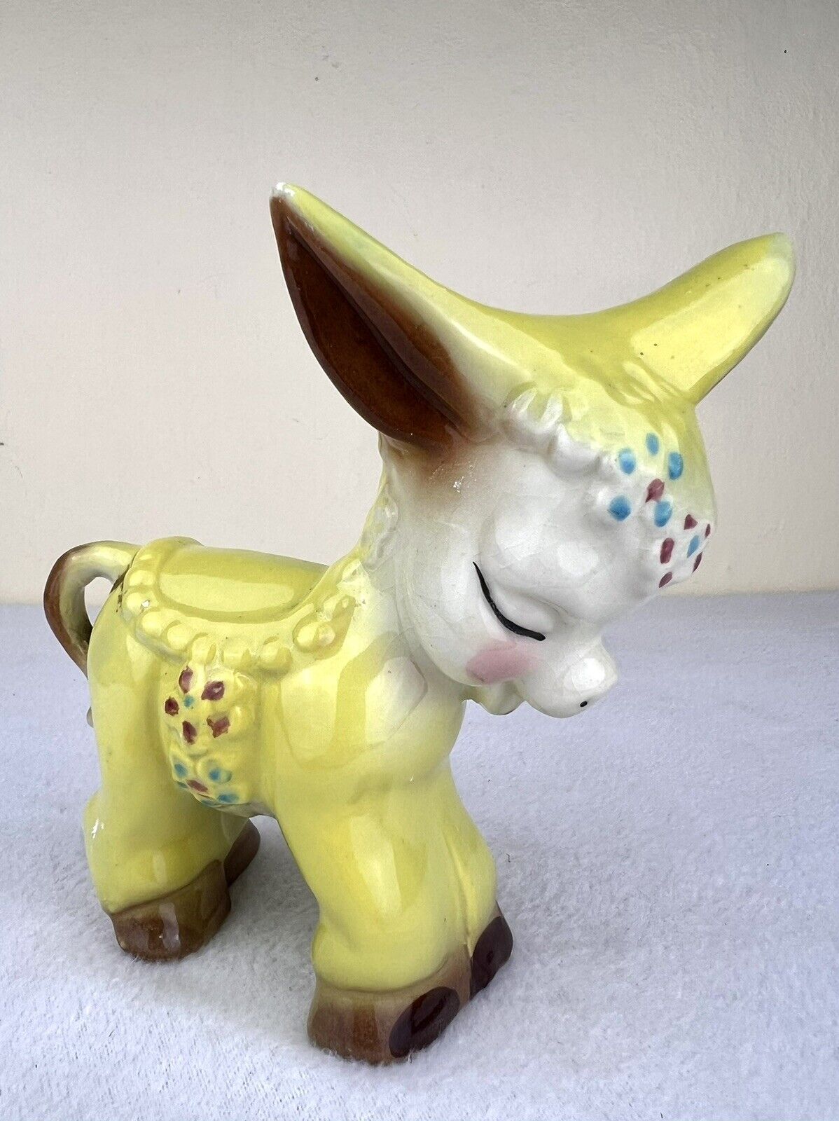 Vintage Mid Century Yellow Ceramic Young Donkey Figurine Flowers & Saddle 5.25”