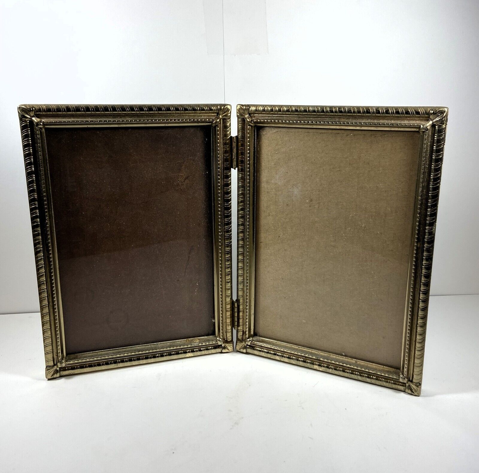 Vintage Bi-Fold Picture Frame 5x7 Gold Tone Art Nouveau Style Metal Hinged READ