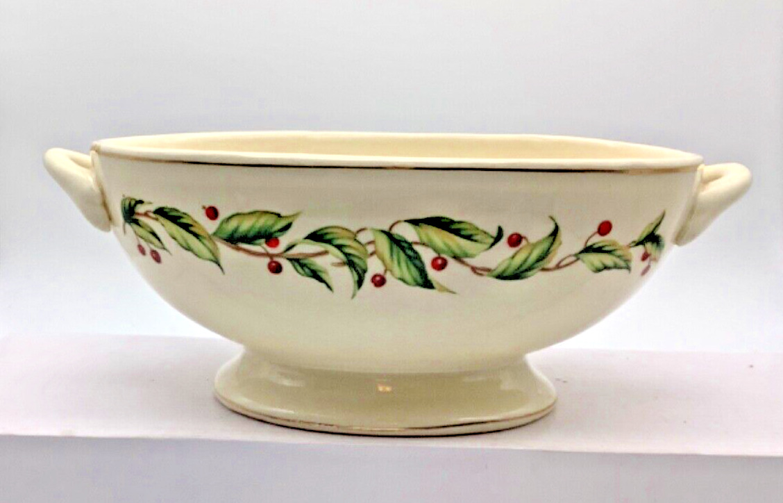 Vintage White Ceramic Gold Rim Oval Footed Bowl Berry and Leaf Telefloral, 9.5”
