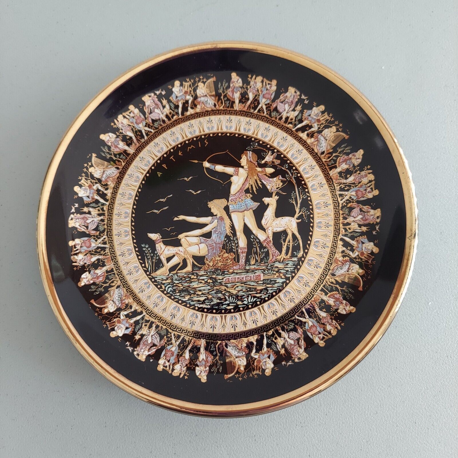 Vtg. Retro Rhodes Greece-Decorative Plate 22k Gold Handmade by Ibiscus Keramik
