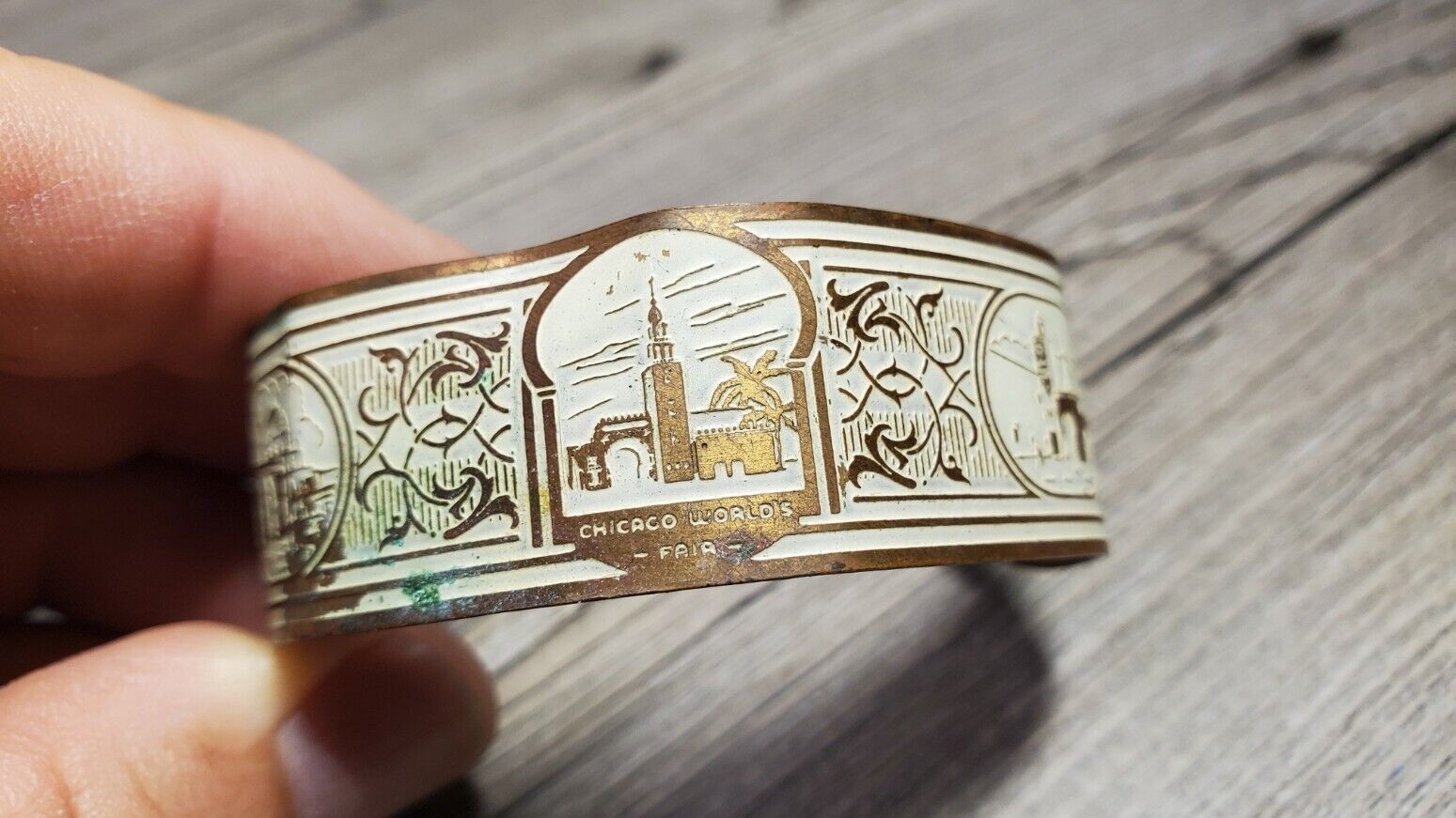 Old 1933 Chicago World's Fair Etched Copper Bracelet