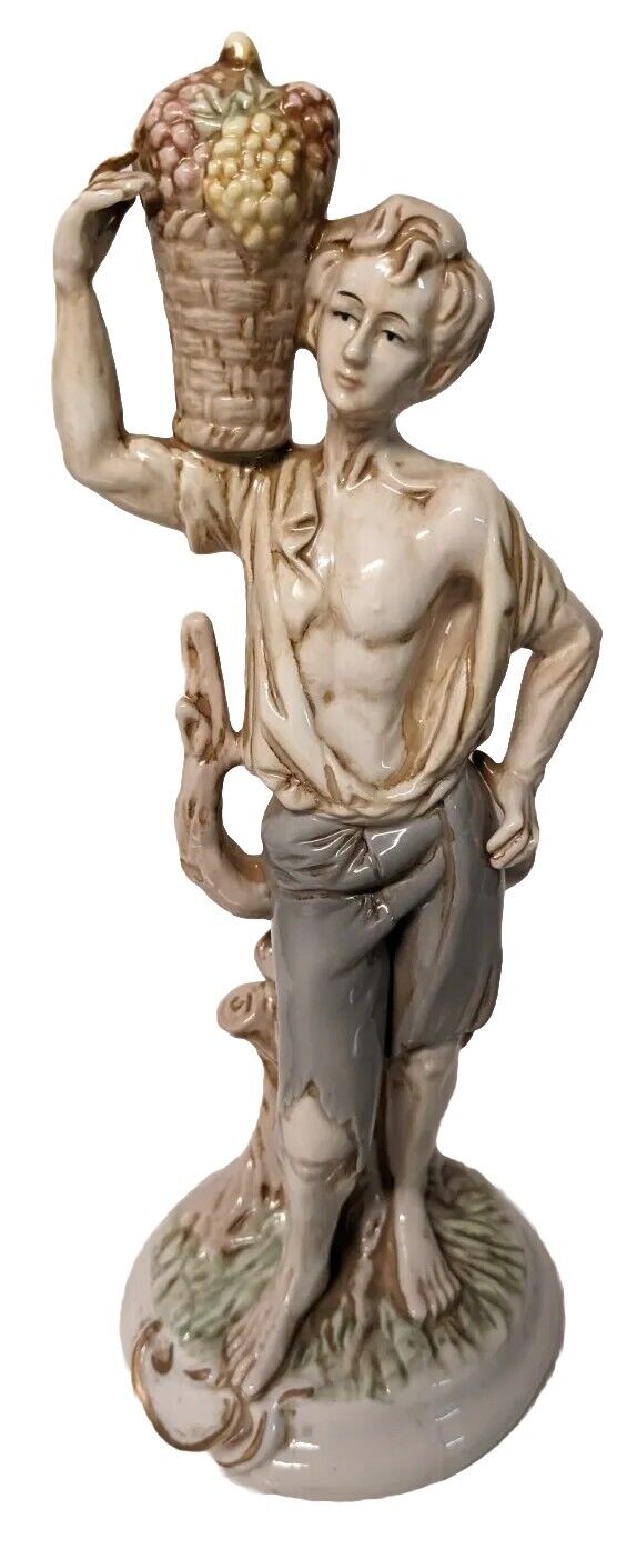 Vtg Young Man Carrying Grape Basket Statue Figurine Home Decor, Porcelain, 12\