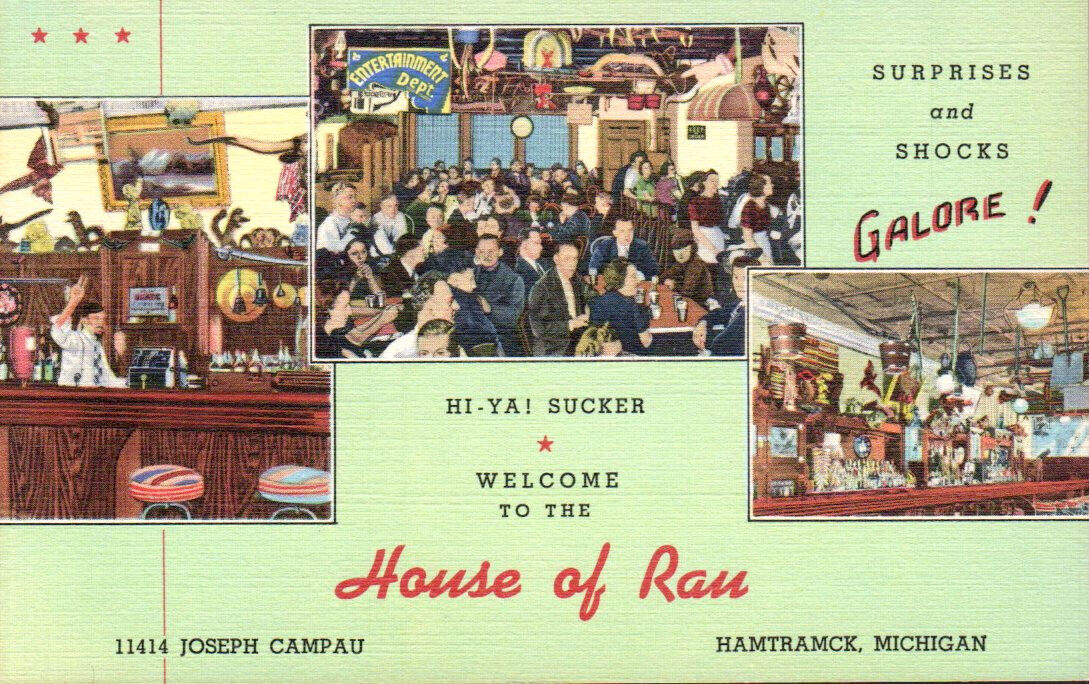 RARE VTG 1939 PC WELCOME TO HOUSE OF RAN HAMTRAMCK MI SHOCKS & SURPRISES MINT *