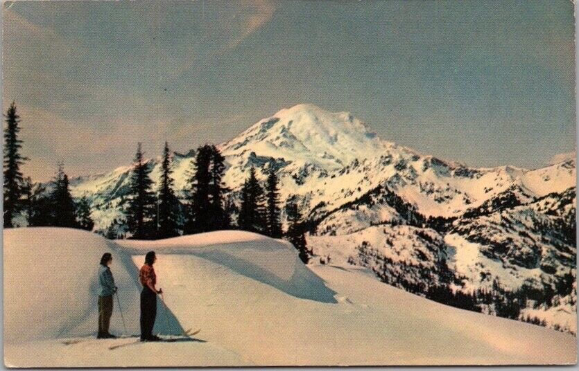 c1940s MOUNT RAINIER Washington Postcard Skiers / Mountain View / Early Chrome