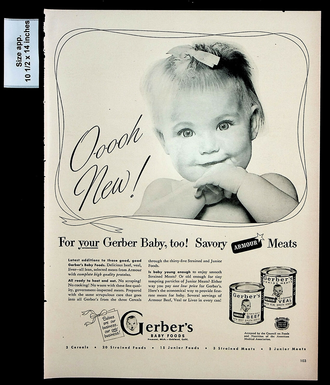 1948 Gerber's Baby Foods Savory Armour Meats Cute Baby Vintage Print Ad 28250