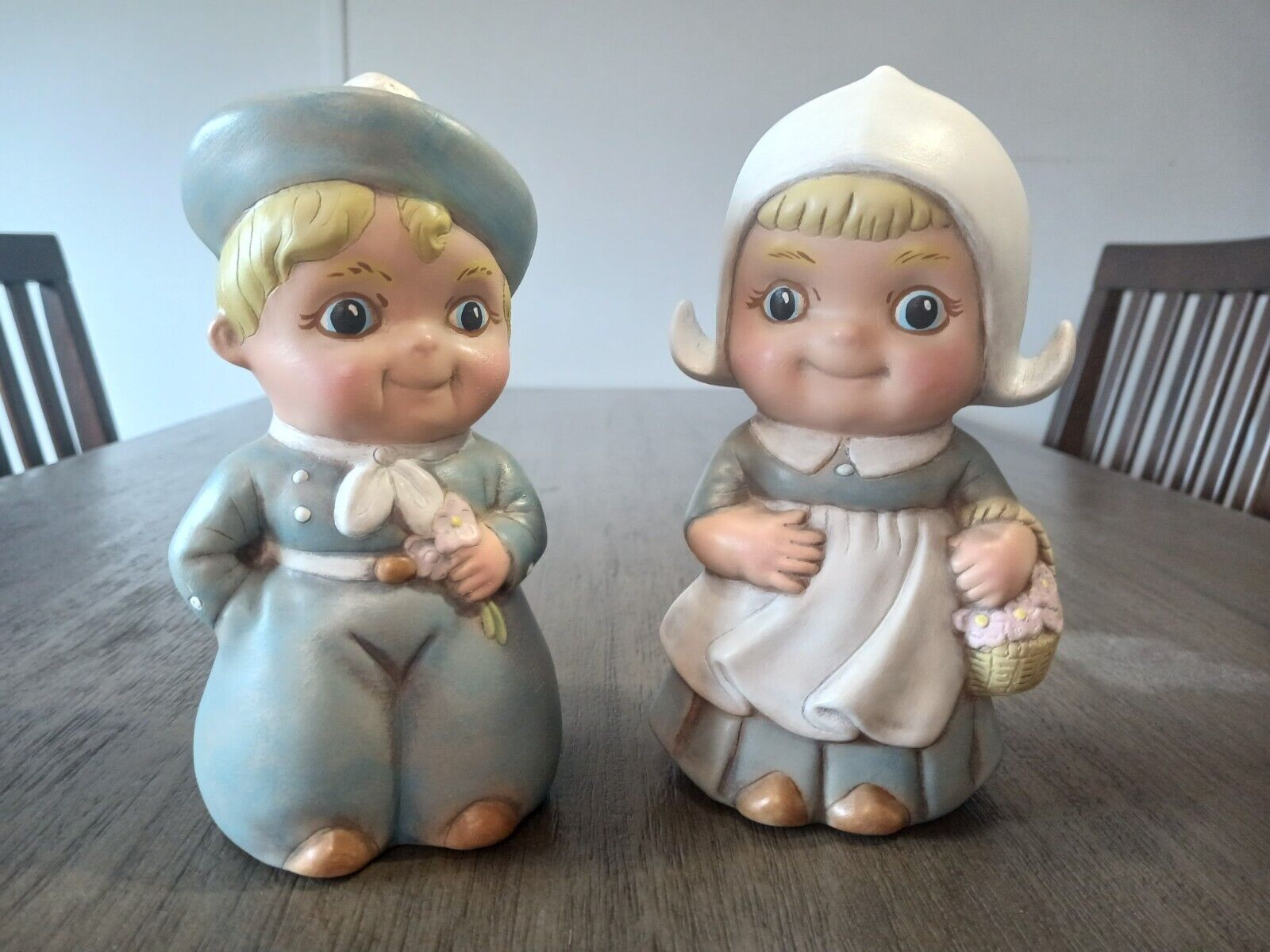 Vintage Hand Painted Ceramic Dutch Boy & Girl 1980 Initialed WK