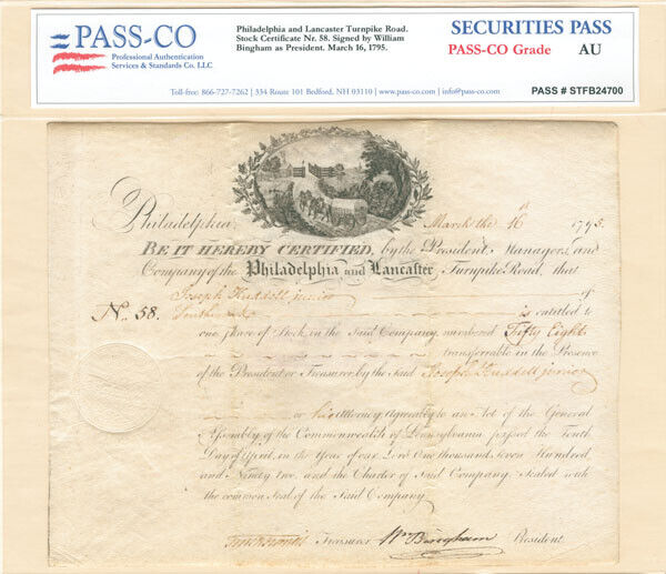William Bingham signed Philadelphia and Lancaster Turnpike Road Stock - Pass-Co