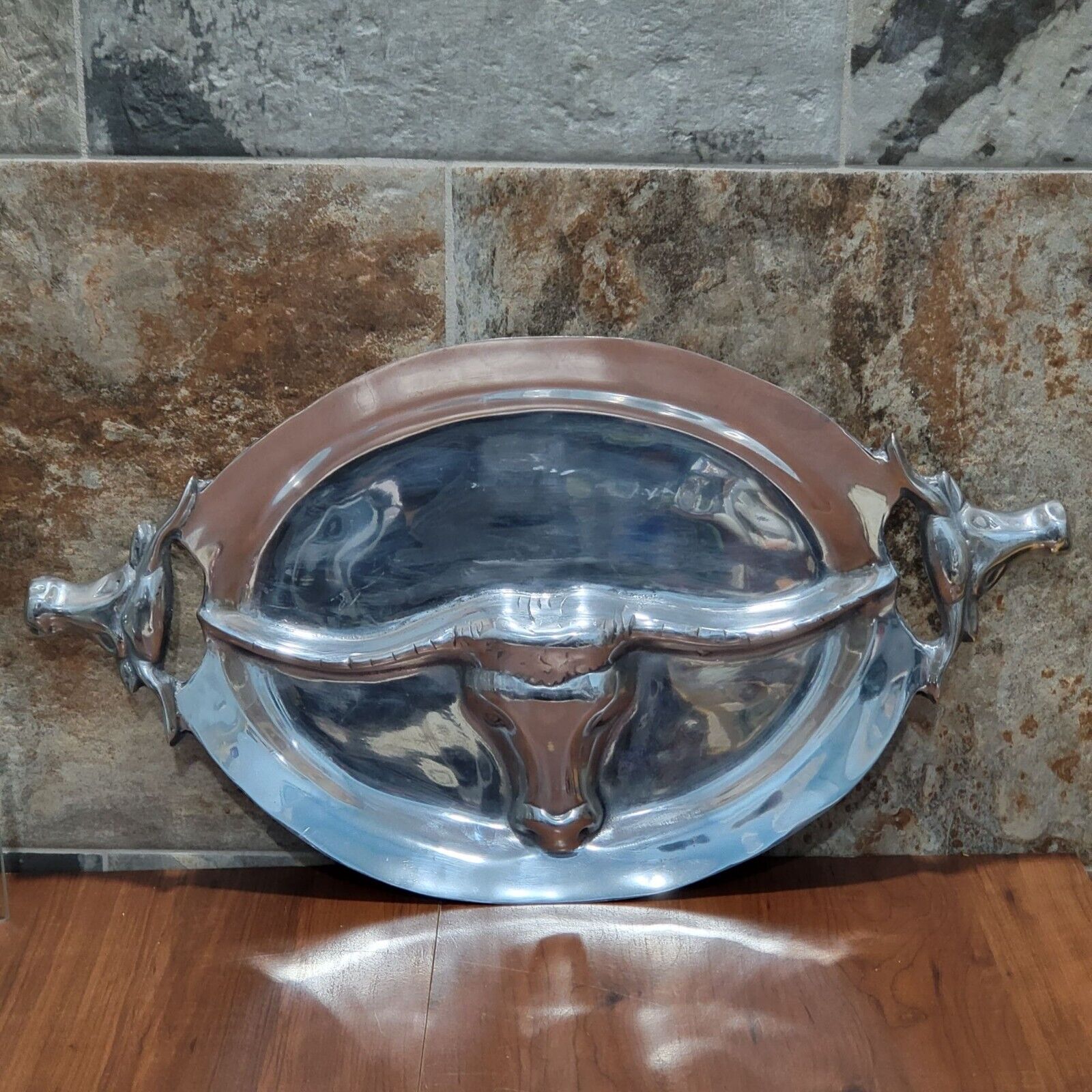 Large Texas 3D Longhorn Metal Serving Tray Platter Longhorn Steer Head Handles