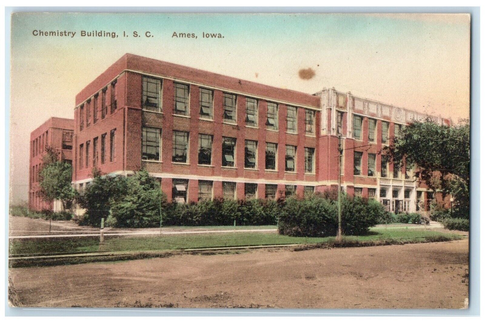 c1930\'s Chemistry Building ISC Scene Street Ames Iowa IA Hancolored Postcard