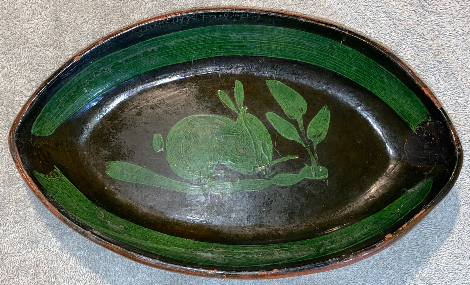 Patamban Michoacan Lg Oval Bowl Green Rabbit Red Ware Pottery Mexican Folk Art