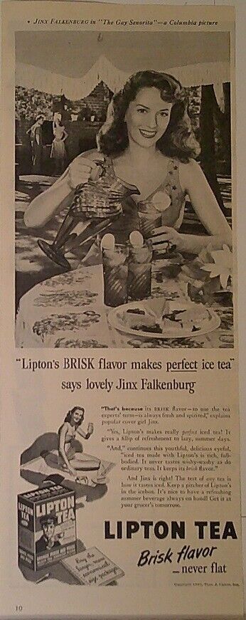 1945   Lipton Tea  Brisk Flavor - never flat  Jinx Falkenburg  Magazine Print Ad