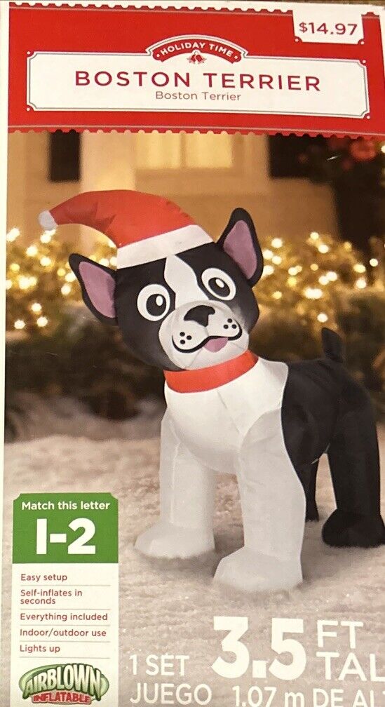 GEMMY Boston Terrier Santa dog Christmas Inflatable 3.5 Ft Tall Lighted Airblown