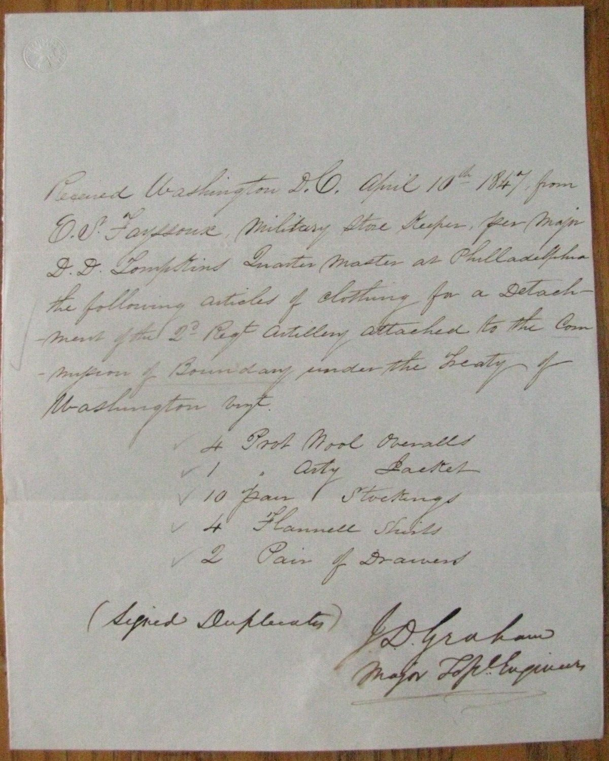 US-CANADA BOUNDARY COMMISSION SURVEY RECEIPT COLONEL JAMES D GRAHAM 1847