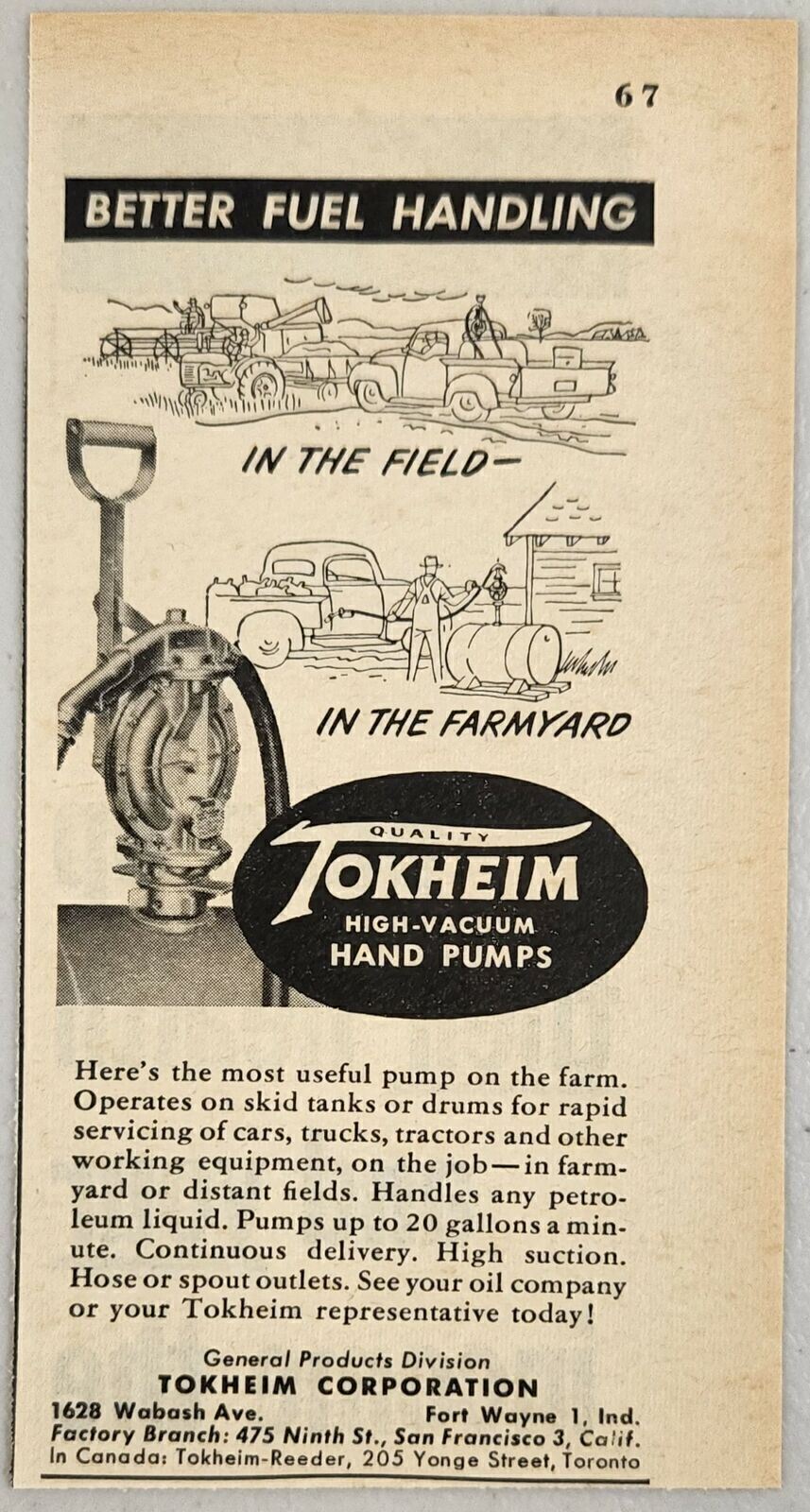 1958 Print Ad Tokheim High-Vacuum Hand Pumps For Farms Fort Wayne,IN