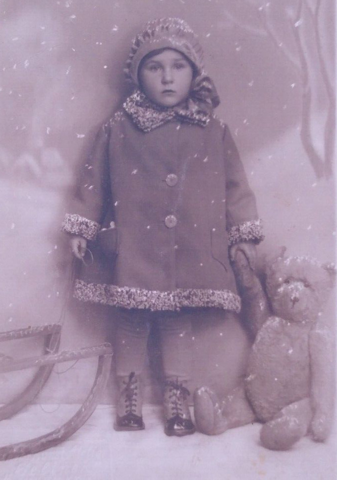 Teddy Bear Toy Cute Child Sleigh RPPC Antique Vintage Real Photo Postcard