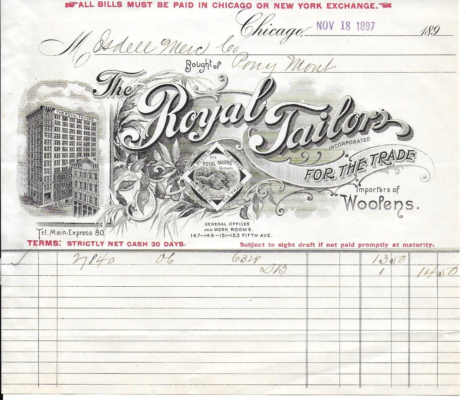 Used Billhead from The Royal Tailors of Chicago Illinois Nov 1897 – Nice Vignett