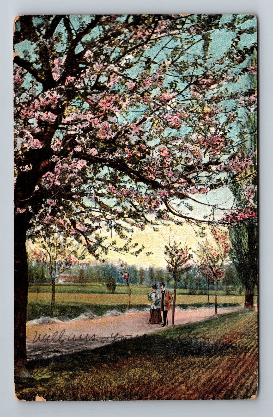 Landscape, Couple Walking Down Road, Spring Blossoms c1907 Vintage Postcard