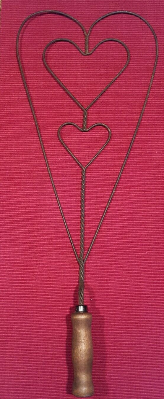 Vintage/Antique Primitive Triple-Heart Twisted Wire Rug Beater w/Wooden Handle