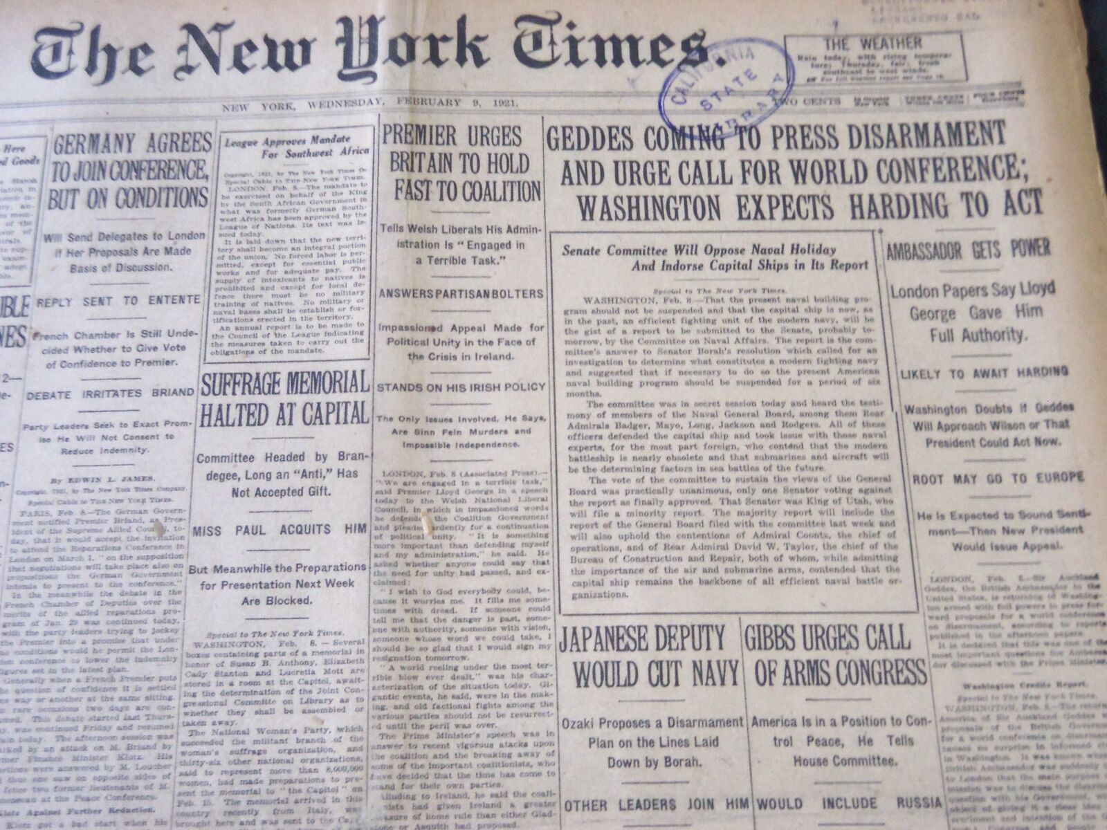 1921 FEBRUARY 9 NEW YORK TIMES - GEDDES COMING TO PRESS DISARMAMENT - NT 5465
