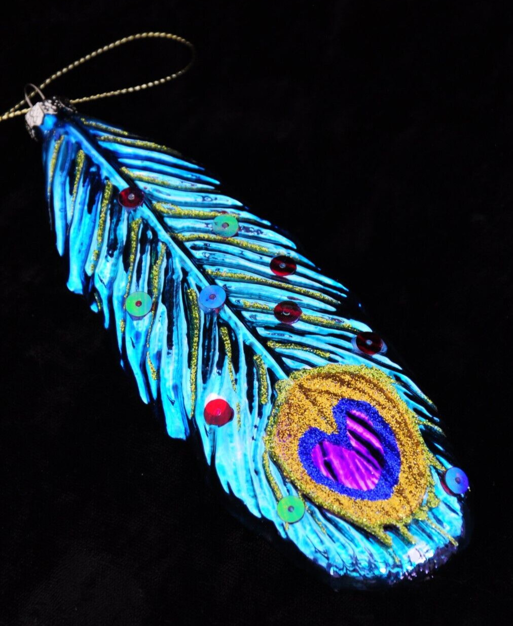 Large & Lovely Peacock Feather Glass Christmas Ornament