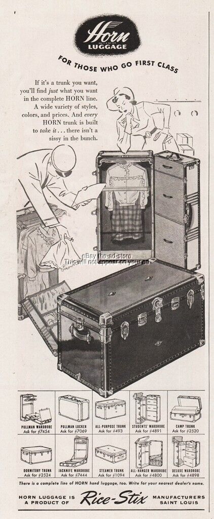1949 Horn Luggage Rice Stix Mfg St Louis MO First Class Trunks Suitcase Print Ad