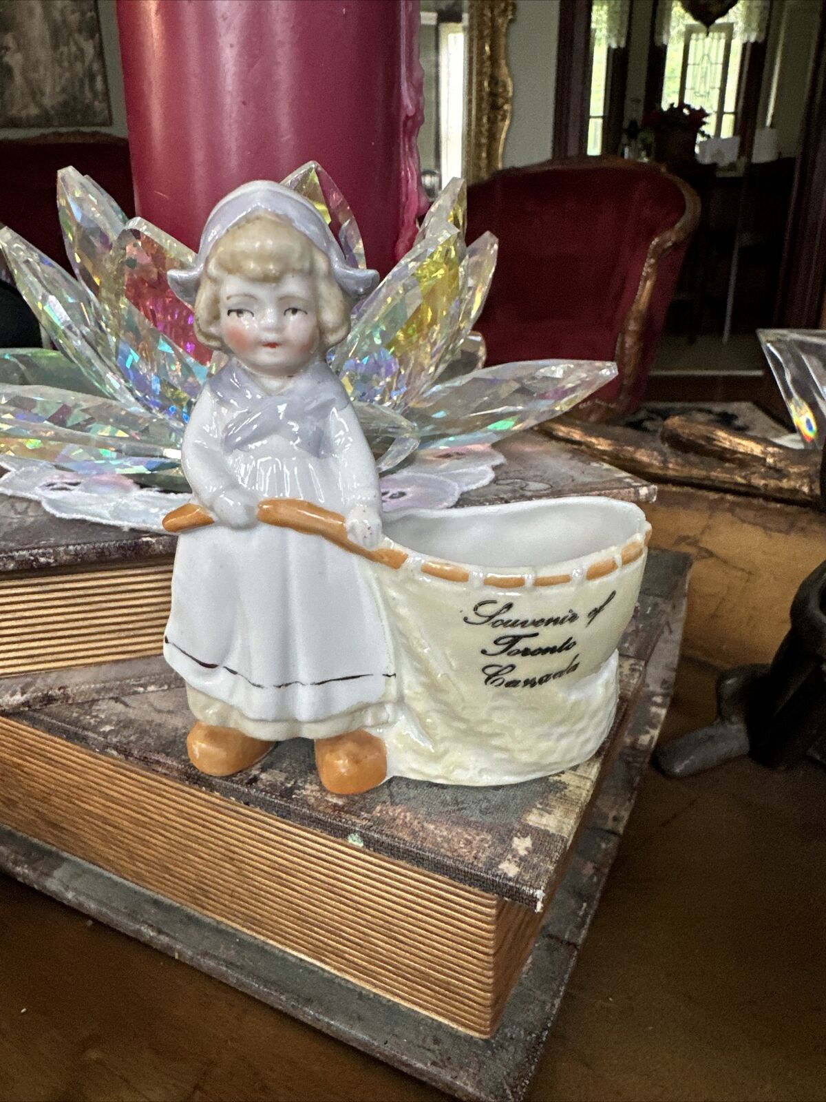 Antique German Fairing Victorian Dutch Girl  Porcelain Match Toothpick Holder