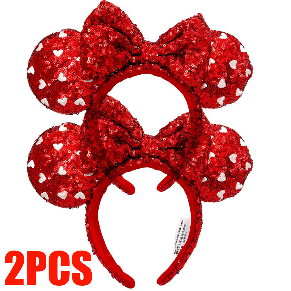 2PCS Mickey Mouse Red Heart Sequin Bow Girl Minnie Ears Disney-Parks Headband