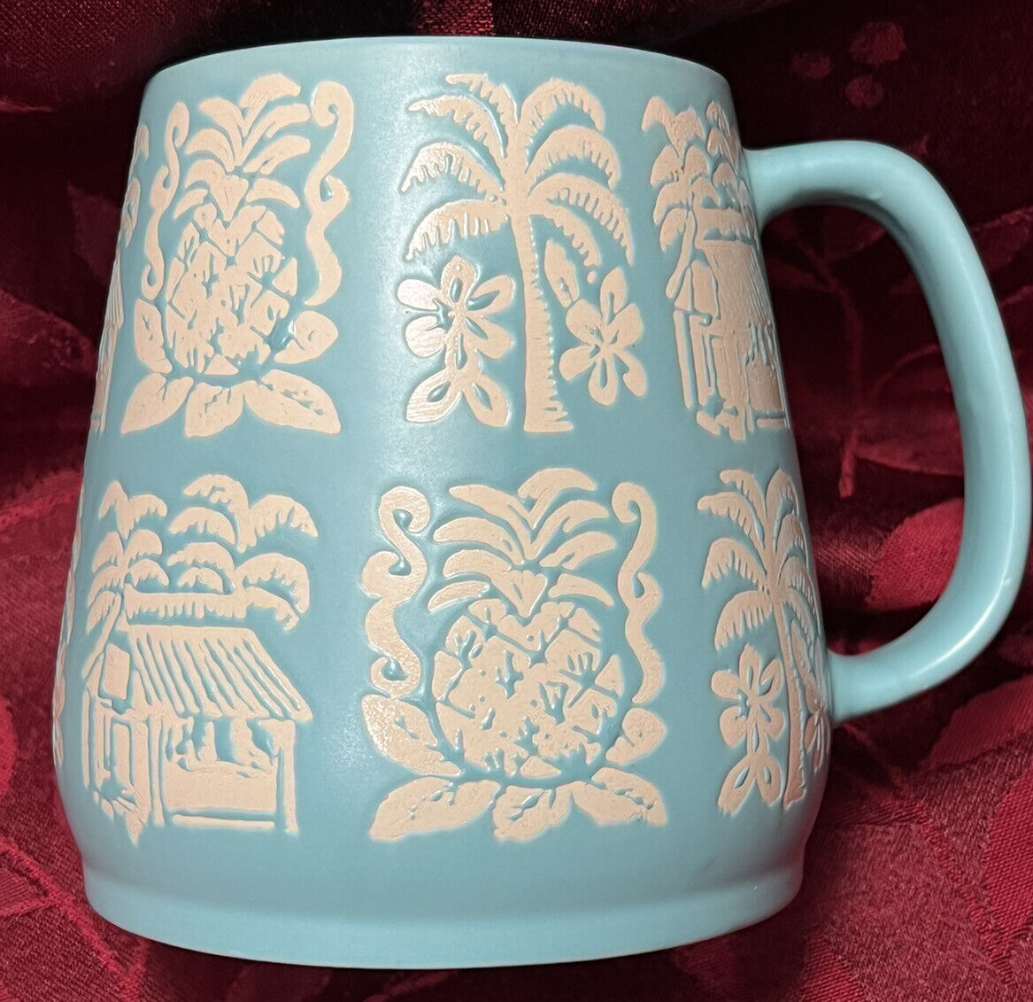 Opalhouse stoneware Teal Aqua Embossed Tiki Pineapple Palm Coffee Mug Cup Large